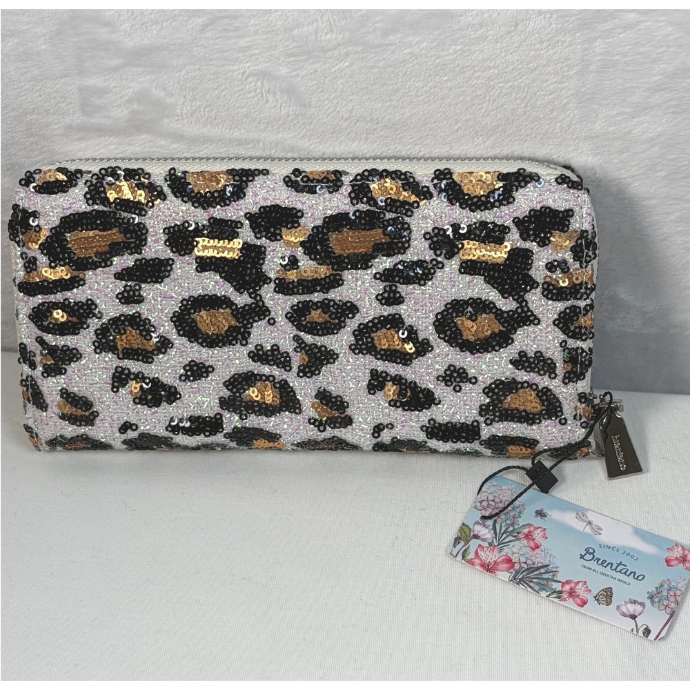 Brentano Leopard White Sequin Zip Around Wristlet Wallet NEW